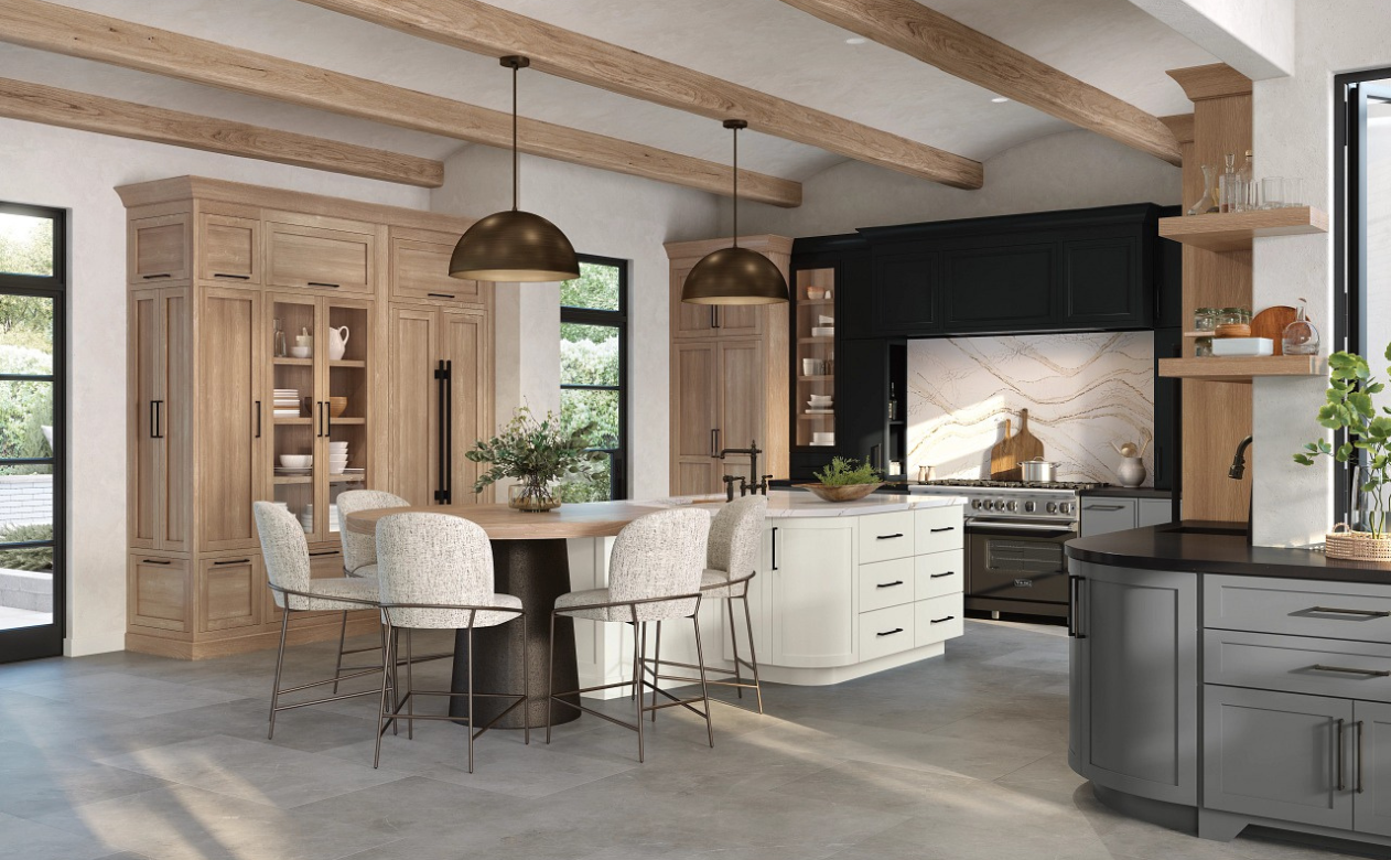 Kitchen with gray tile floors and natural, black, and white cabinetry