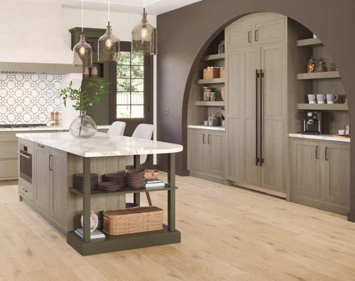 quartz countertops in a kitchen with built in custom cabinetry