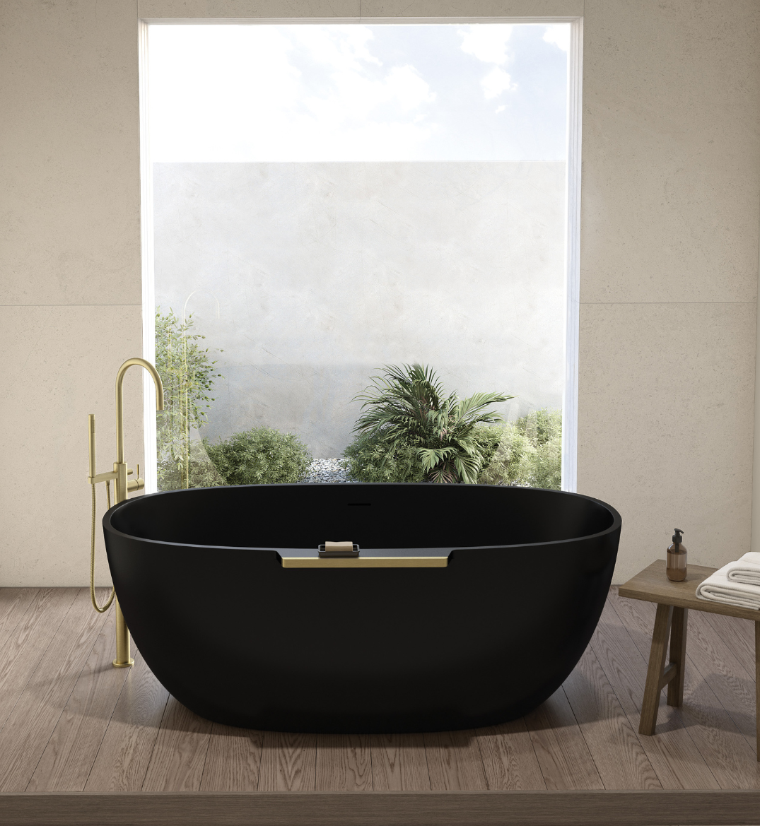 A modern bathroom with a white freestanding oval bathtub, a chrome floor-mounted faucet, wooden panel walls, and a hexagonal tiled floor.
