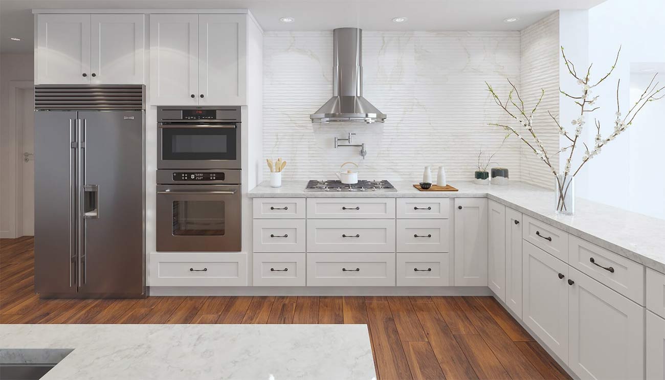 bright kitchen room scene with white cabinets
