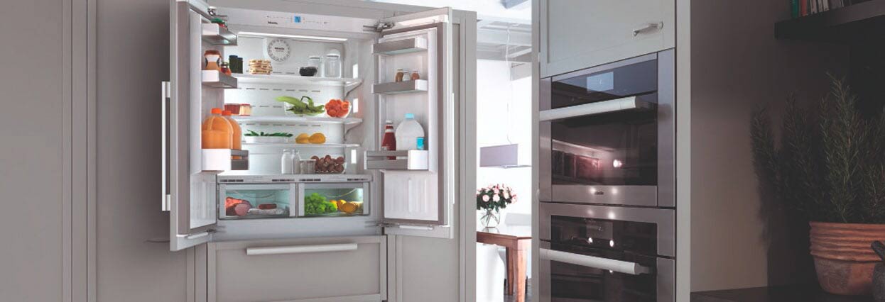 kitchen room scene with fridge and oven