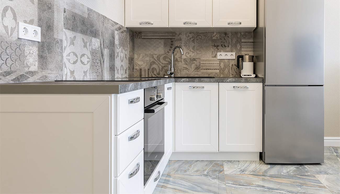 kitchen room scene with white and gray colors